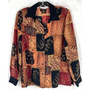 Draper's & Damon's Medium Long Sleeve Button Down Shirt Black Tan Floral Squares